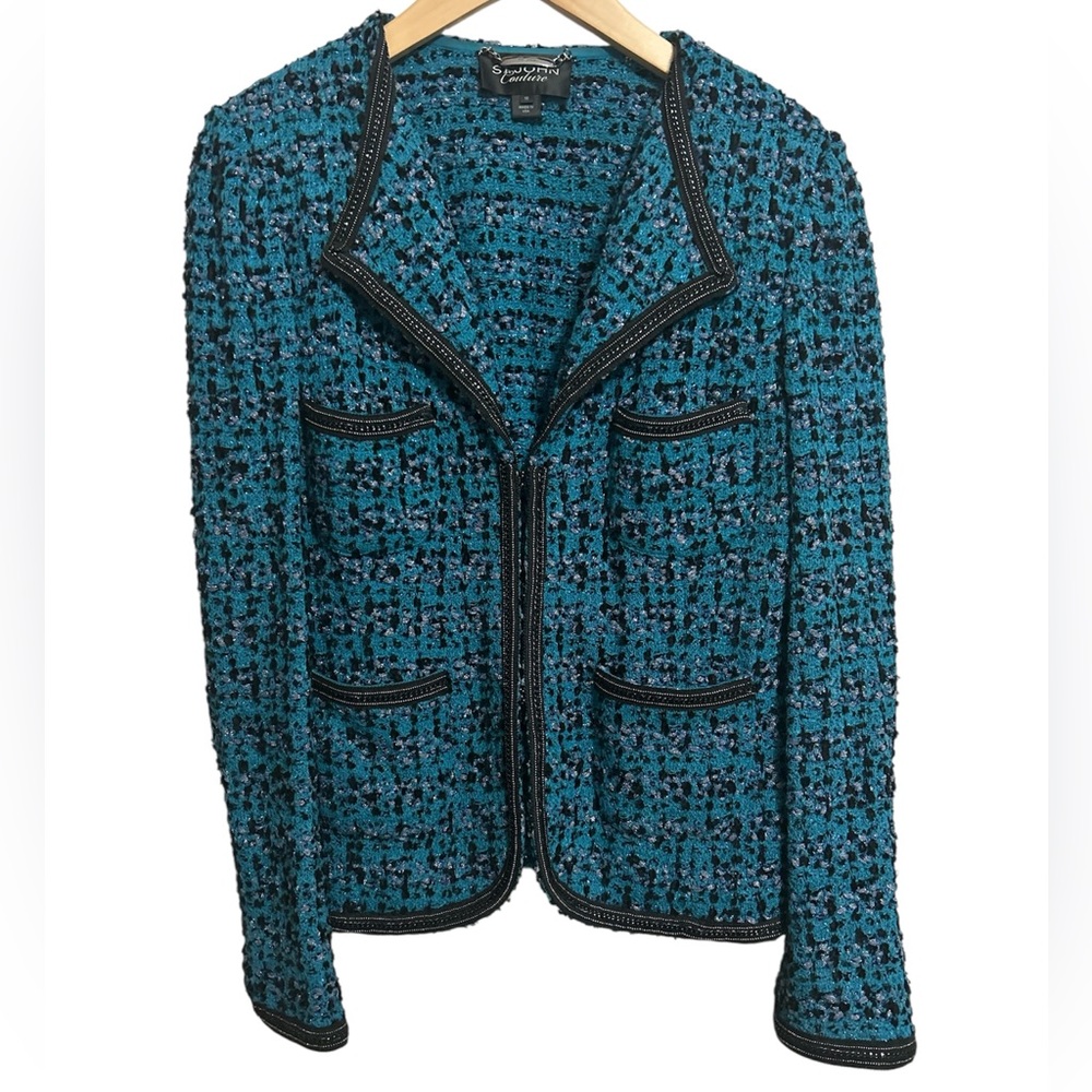 St. John Collection Teal Bouclé Black-Trimmed Jacket - Picture 2 of 10
